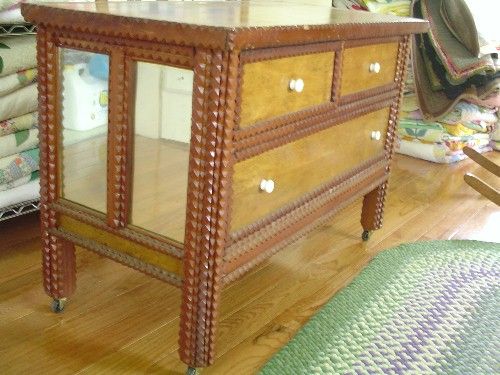 RARE ANTIQUE LG. TRAMP ART DRESSER & MIRROR c. 1900  