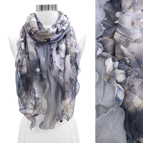 Duo Layered Floral Ruffle Fashion Scarf Gray  