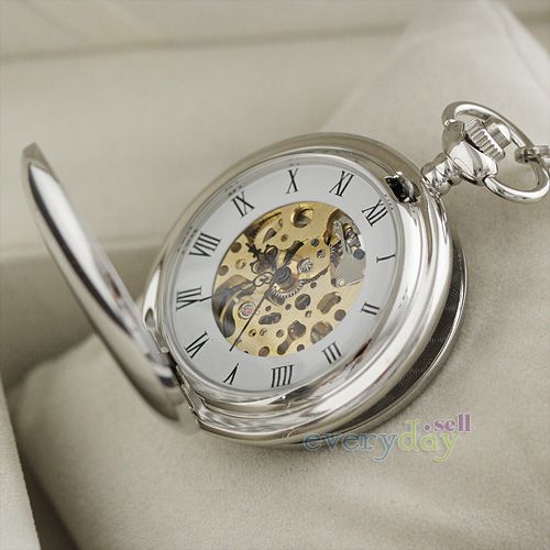 Pocket Watch Roman ID Silver Shiny Mechanical Handwind  