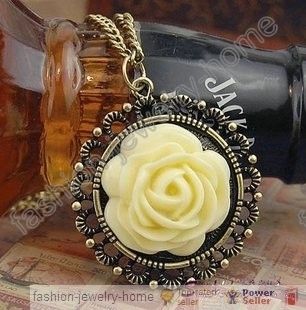 Fashion Vintage Style Yellow Rose Flower Pendant Long Necklace  