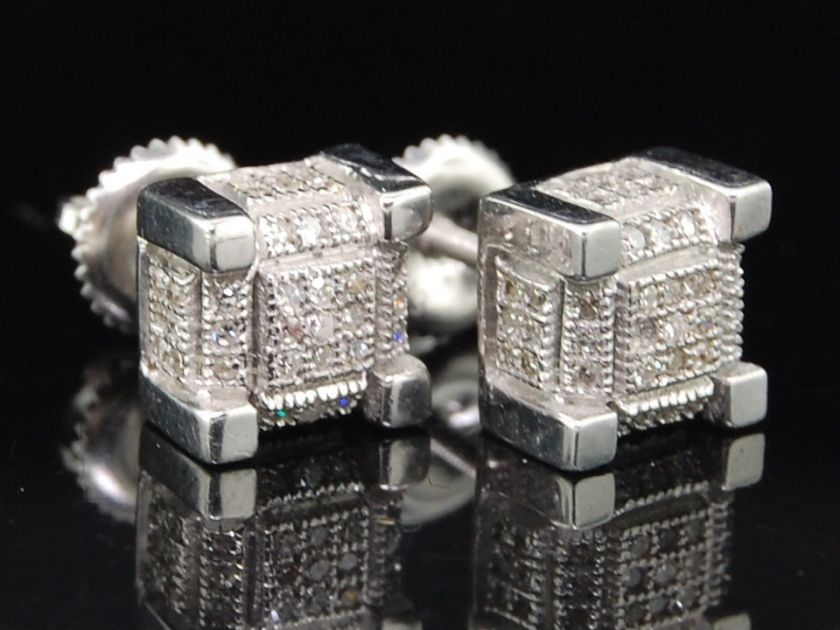 MENS WHITE GOLD FINISH PAVE DIAMOND CUBE STUD EARRINGS  