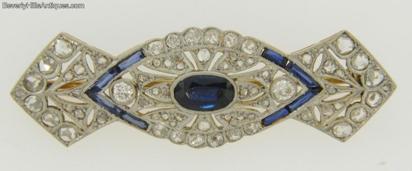 Antique Art Deco Platinum Sapphires Diamonds 18k Brooch  