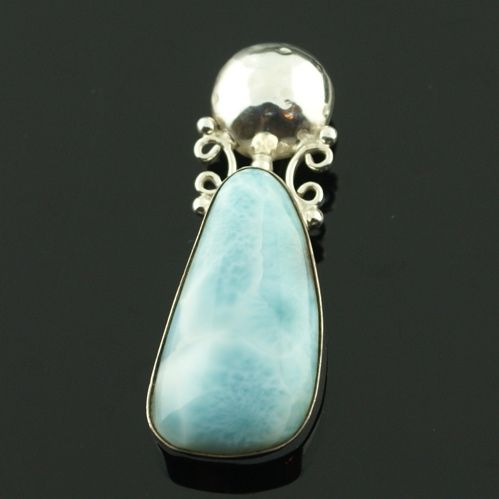 925 Sterling Silver LARIMAR Hammered Disc Pendant  