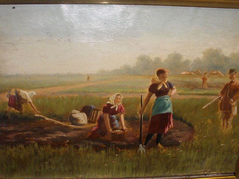 ANTIQUE EUROPEAN SCHOOL PEOPLE LANDSCAPE OIL PAINTING  