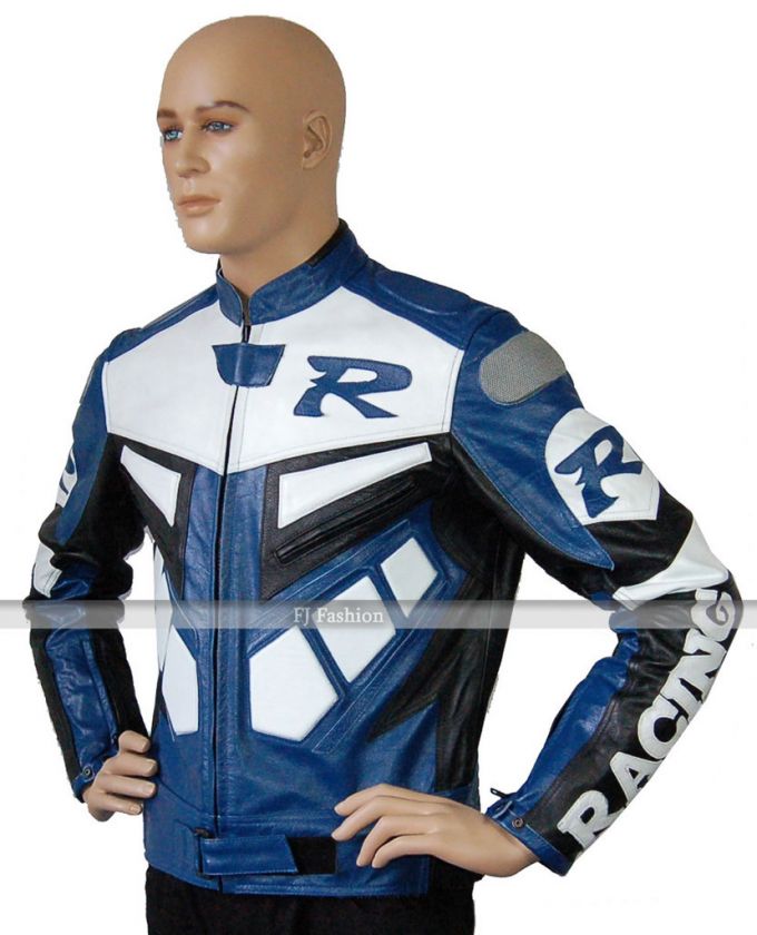 Mens R Blue Motorcycle Biker Racing Leather Jacket  