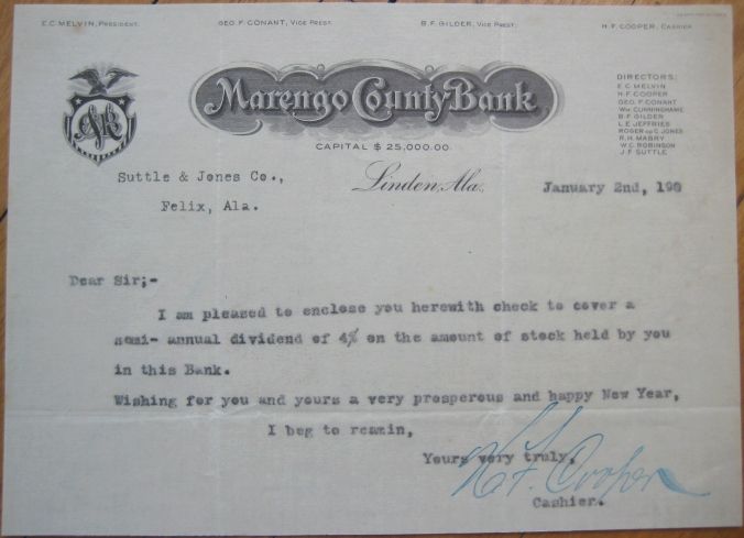 1905 Letterhead Marengo County Bank Linden, Alabama AL  