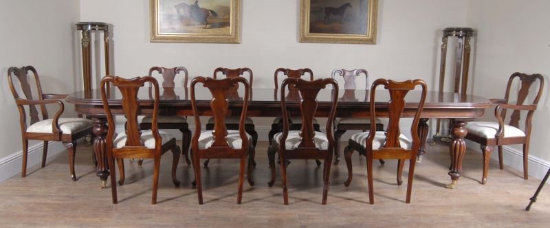 14 Foot Victorian Dining Table & 10 Queen Anne Chairs D  