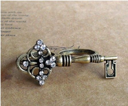 Fashion Ancient Key Shape Rhinestone Two Finger Ring  