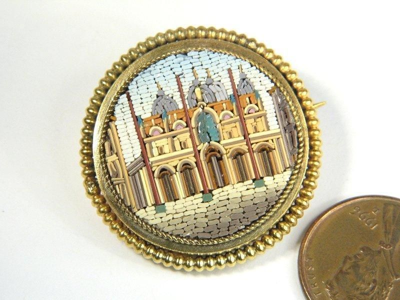   GILT MICROMOSAIC SAN MARCO BASILICA VENICE PIN BROOCH 1870  