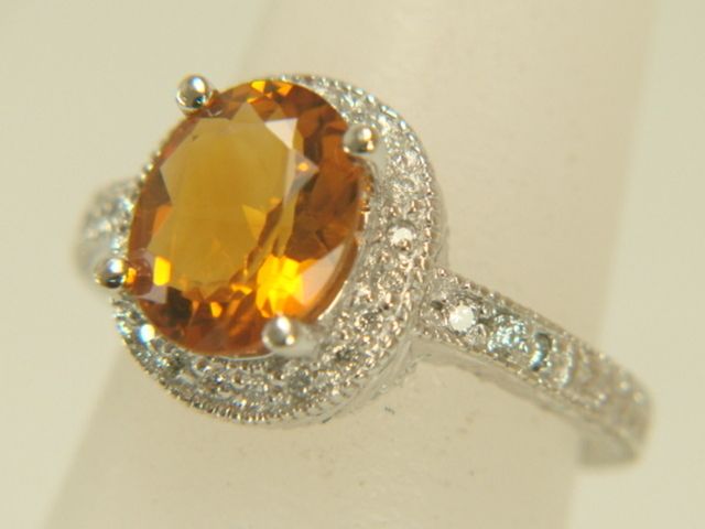 14k White Gold 2.50ct Citrine .26ct Diamond Ring Size 6.25  