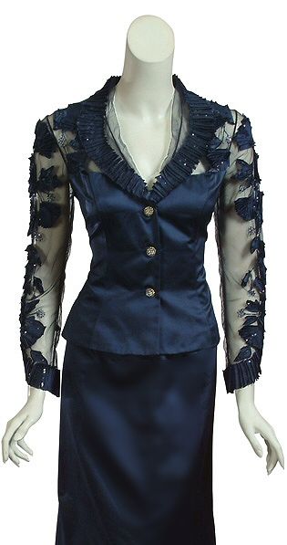   Luxurious Navy Beaded Lace Evening Gown Jacket Skirt Suit $4390 6 NEW