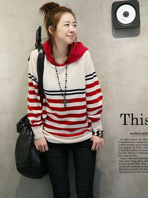 Lolita Korea Vintage Womens Stripe Hoodie Tops Outwear  