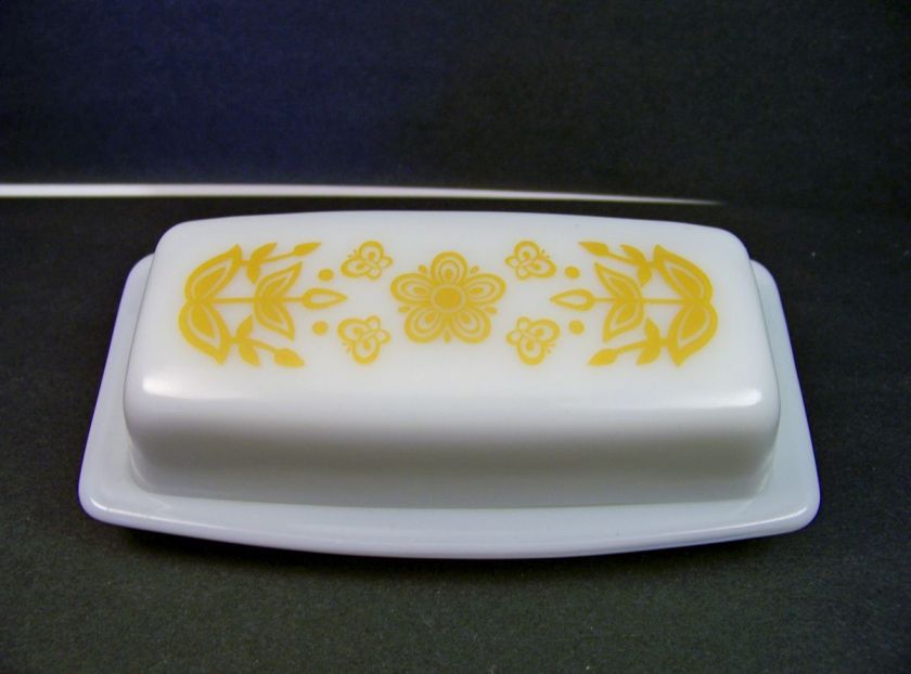 Pyrex Glass Covered Butter Dish Gold Butterfly Vintage Great Condition 