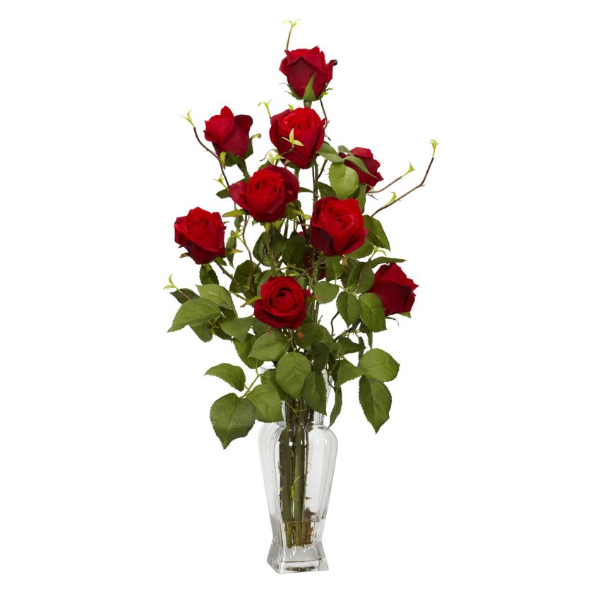 Sophisticated Silk Red Rose Arrangement w/ Decorative Glass Vase 