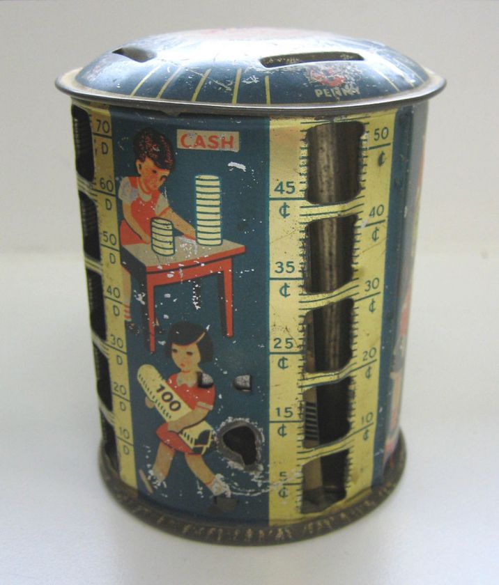 Antique Tin litho 4 slot coin bank children graphics  