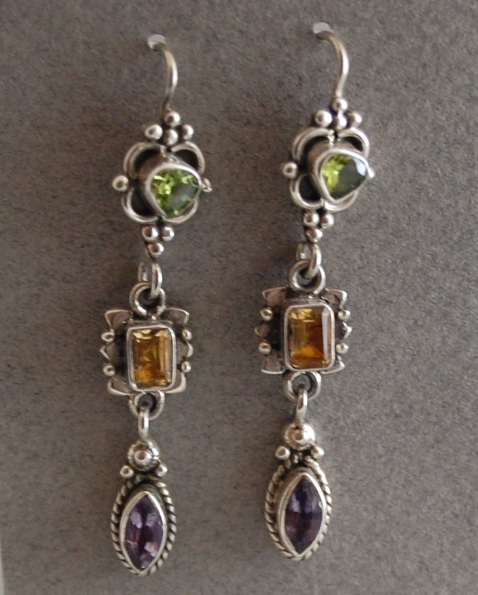 VINTAGE STERLING SILVER + PERIDOT + AMETHYST + CITRINE LONG EARRINGS 