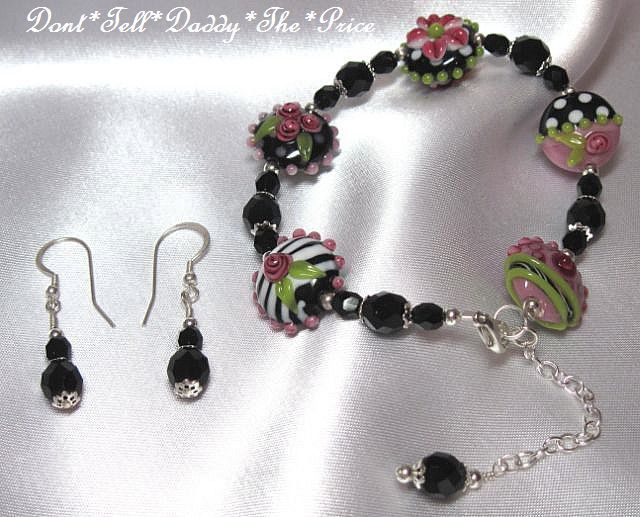 LAMPWORK Bracelet Earrings Sterling SILVER ANTIQUE JET  