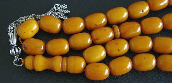 PRAYER BEADS KAHRAMAN AMBER FATURAN BARREL CUT VINTAGE  