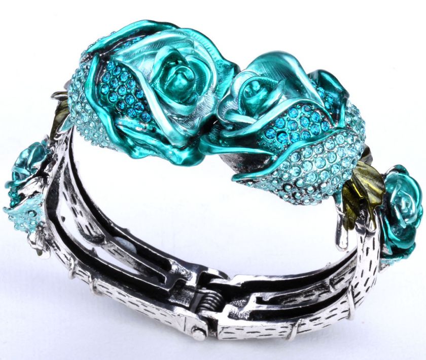 Blue crystal rose flower cuff bracelet 39;matching ring brooch 
