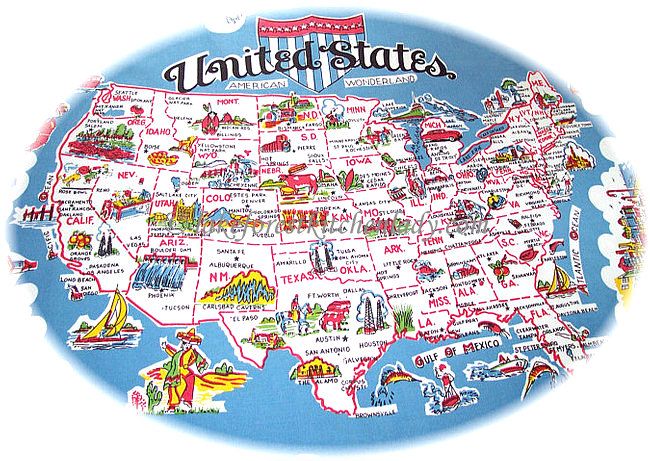 1950s Vintage Style Souvenir Tablecloth USA United States Map America 