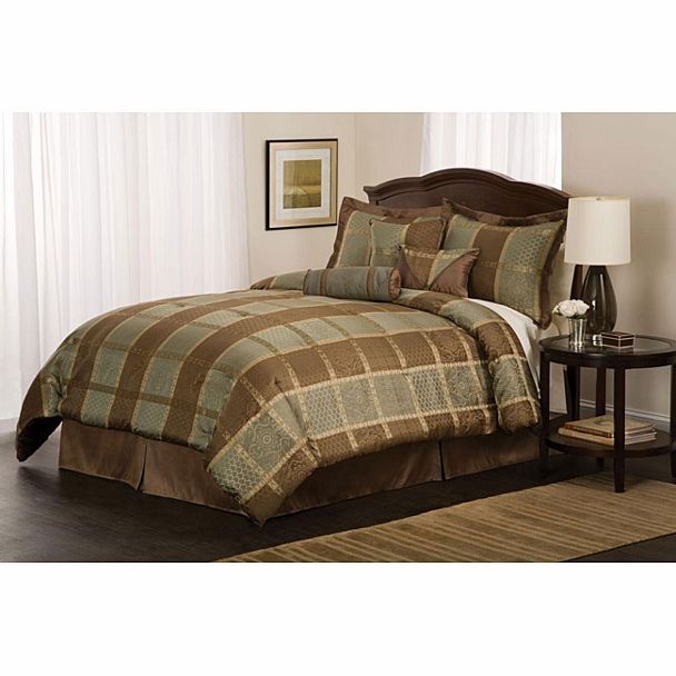 7pc Gibson Gold/Brown/Sage Modern Geometric Plaid Comforter Set Queen 