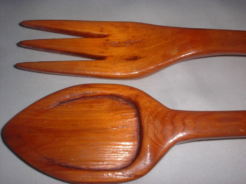 VINTAGE HAND CARVED WOOD SPOON AND FORK ORIGINAL ARTIST MARK  