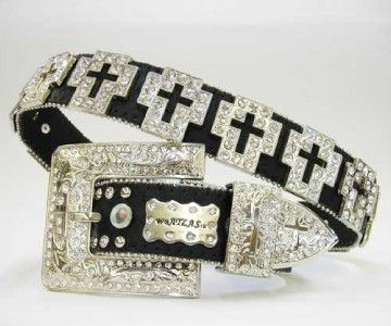 WESTERN BLACK BELT W/ CLEAR RHINESTONES CROSSES SIZE L  