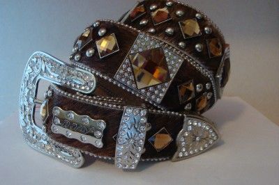 Cowgirl Western Brown Brindle Rhinestone Concho Belt  