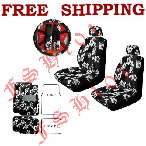 11PC Black Hawaiian Flowers Seat Wheel Covers  