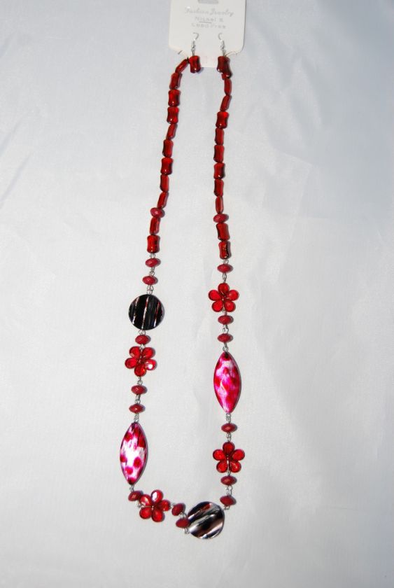 FASHION JEWELRY LONG NECKLACE AND EARRINGS SET RED  