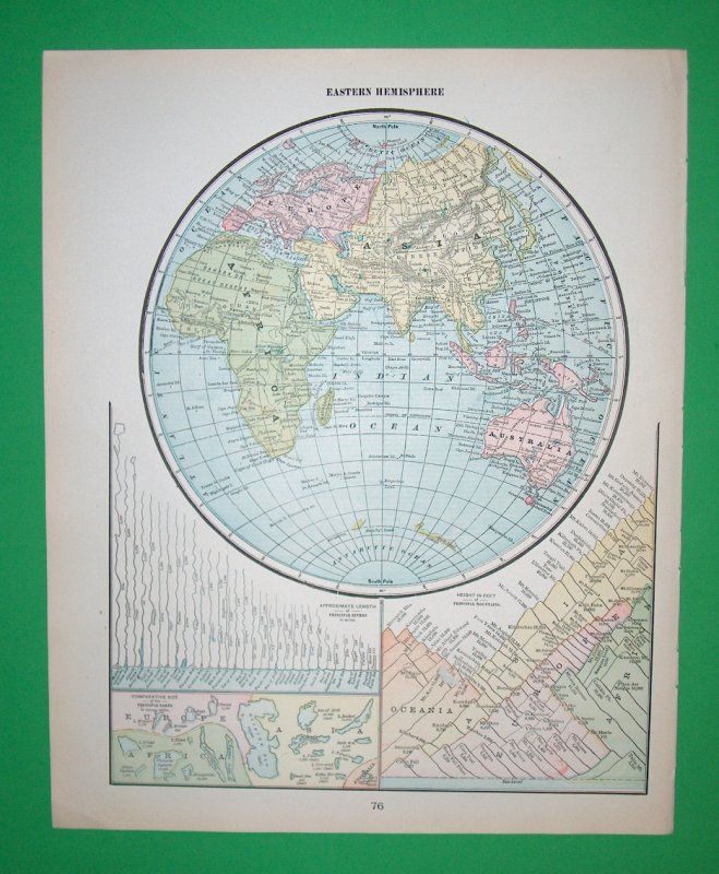 RARE 1903 EASTERN HEMISPHERE MAP   FULL COLOR  