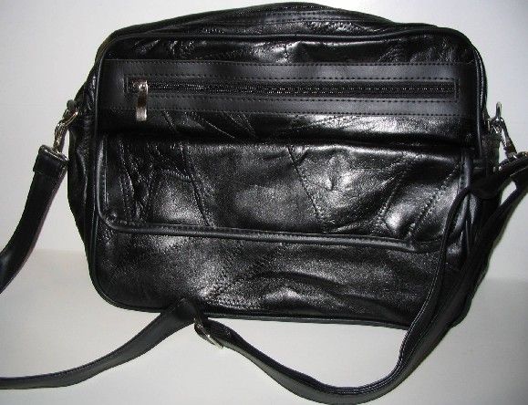 Leather Organizer Shoulder Purse, Black Patchwork, Adjustable Shoulder 