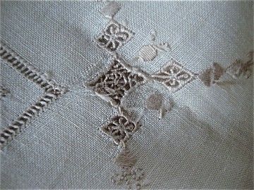 VINTAGE ECRU LINEN Hand done 34 sq TABLECLOTH Italian Whitework Lace 