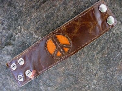 Peace Sign Leather Money Bracelet Brown / Orange CL1  