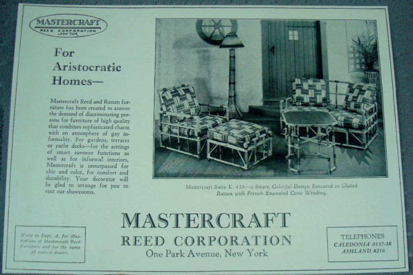 1930 DECO MASTERCRAFT REED RATTAN FURNITURE AD  