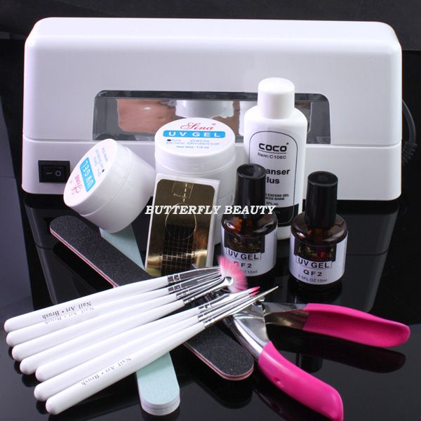 Nail Art UV Gel Set UV Lamp Brush Pen Tool Topcoat Primer Forms 