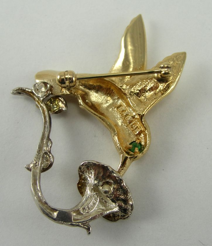 Sterling 14K Pin Brooch Yellow Gold Hummingbird Silver Trumpet Flower 