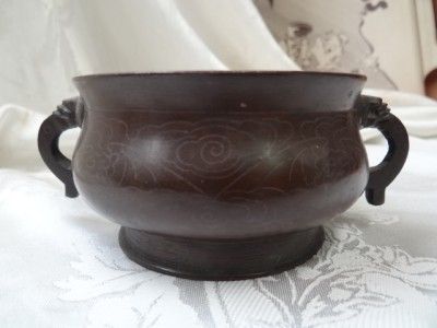 Fine Old Chinese Silver Inlaid Bronze Censer Incense Holder  