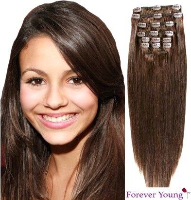 Medium Brown Clip In Human Hair Extension Full Head #4  