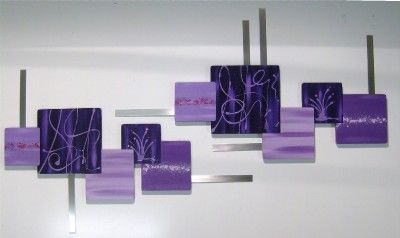 2pc PURPLE ABSTRACT ART SQUARES WALL SCULPTURE HANGING with METAL