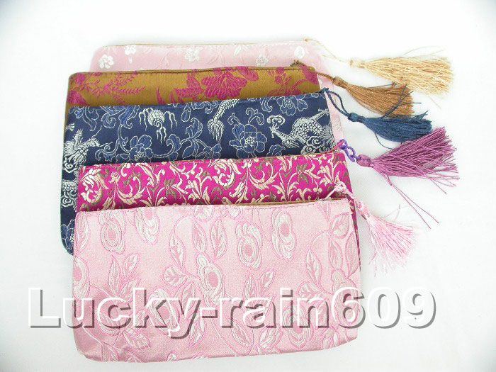 5pieces 8X4 Jewelry silk pouches zipper tassel  