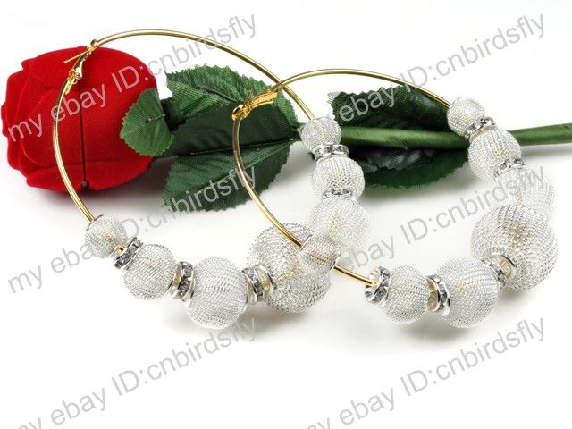 Basketball Wives Inspired Mesh Rhinestone Beads Spacer Hoops Earrings 