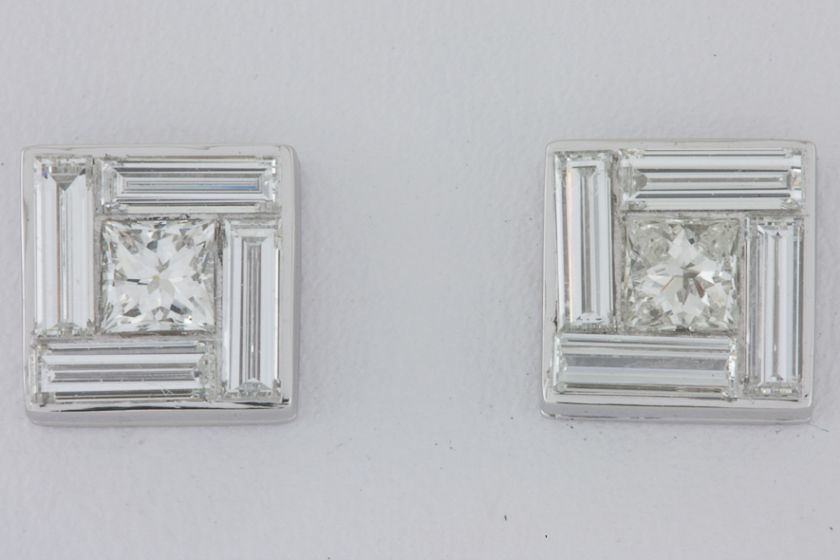 Platinum Diamond Stud Earrings Princess & Baguette 1.7c  