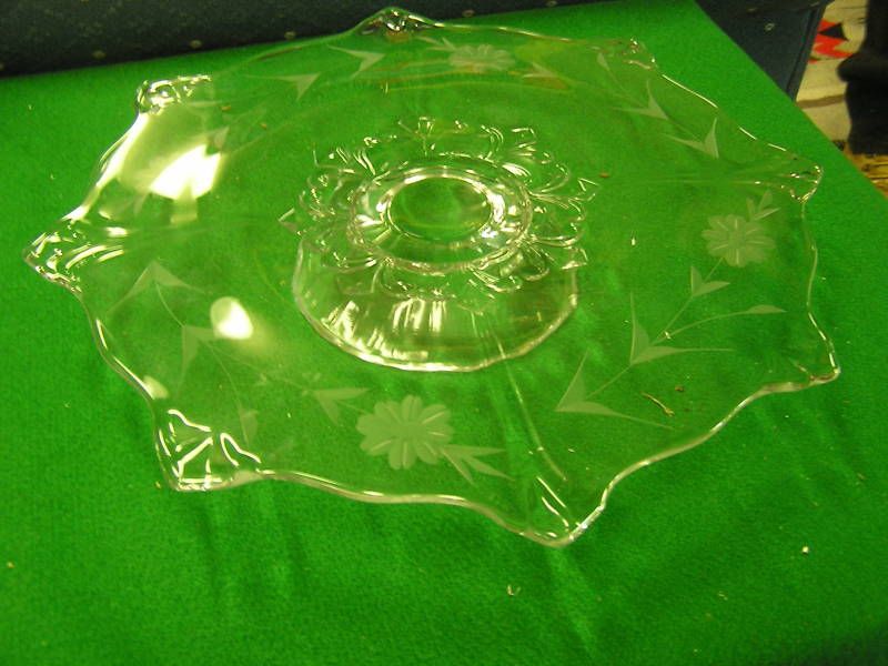 Depression CLEAR Glass Etched Pedestal SERVING PLATTER  