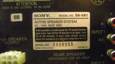 Sony Sa VA1 Speakers BROKEN. SN# 0555 Speakers work, Has a Circuit 