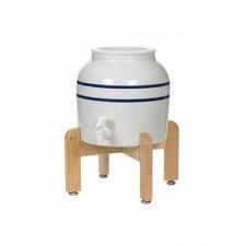 Water Crock Floor Dispenser Stand   8 Natural Wood & Porcelain Stripe 